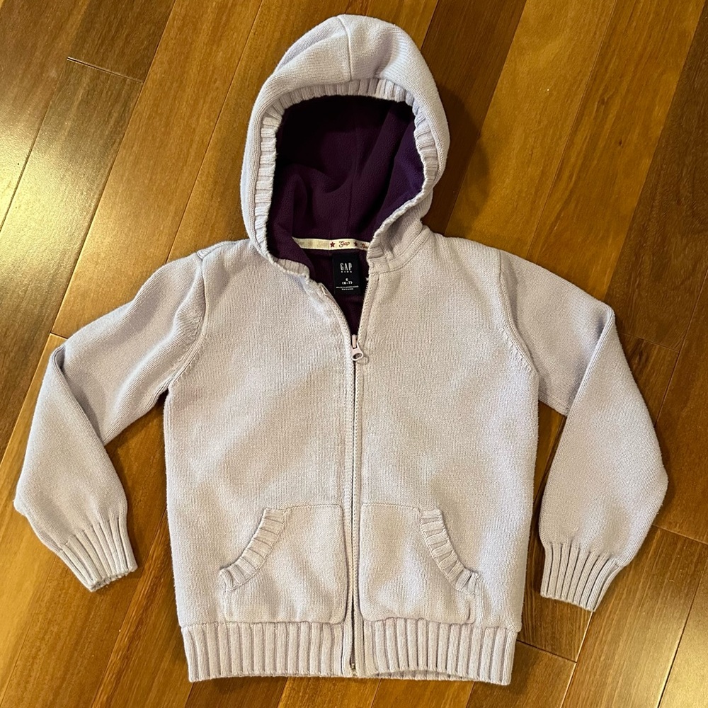 Gap Girls Sz 6/7 Pale Lavender Hoodie Sweater with Purple Fleece Lining Like New